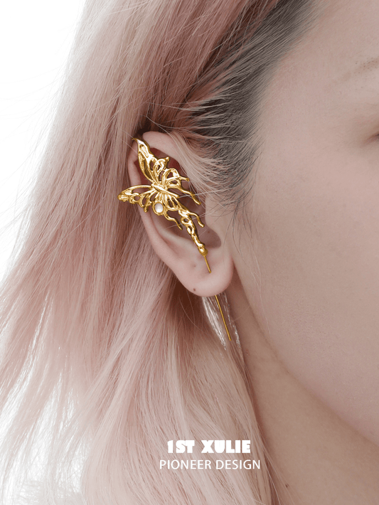 1ST XULIE "Whiterfly" Statement Butterfly Needle Piercing Earrings in 24K Gold Plated - Detail Shot