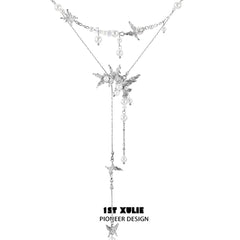 1ST XULIE "Whiterfly" Butterfly Tassel Pearl Lariat Necklace in Platinum Plated - On Model