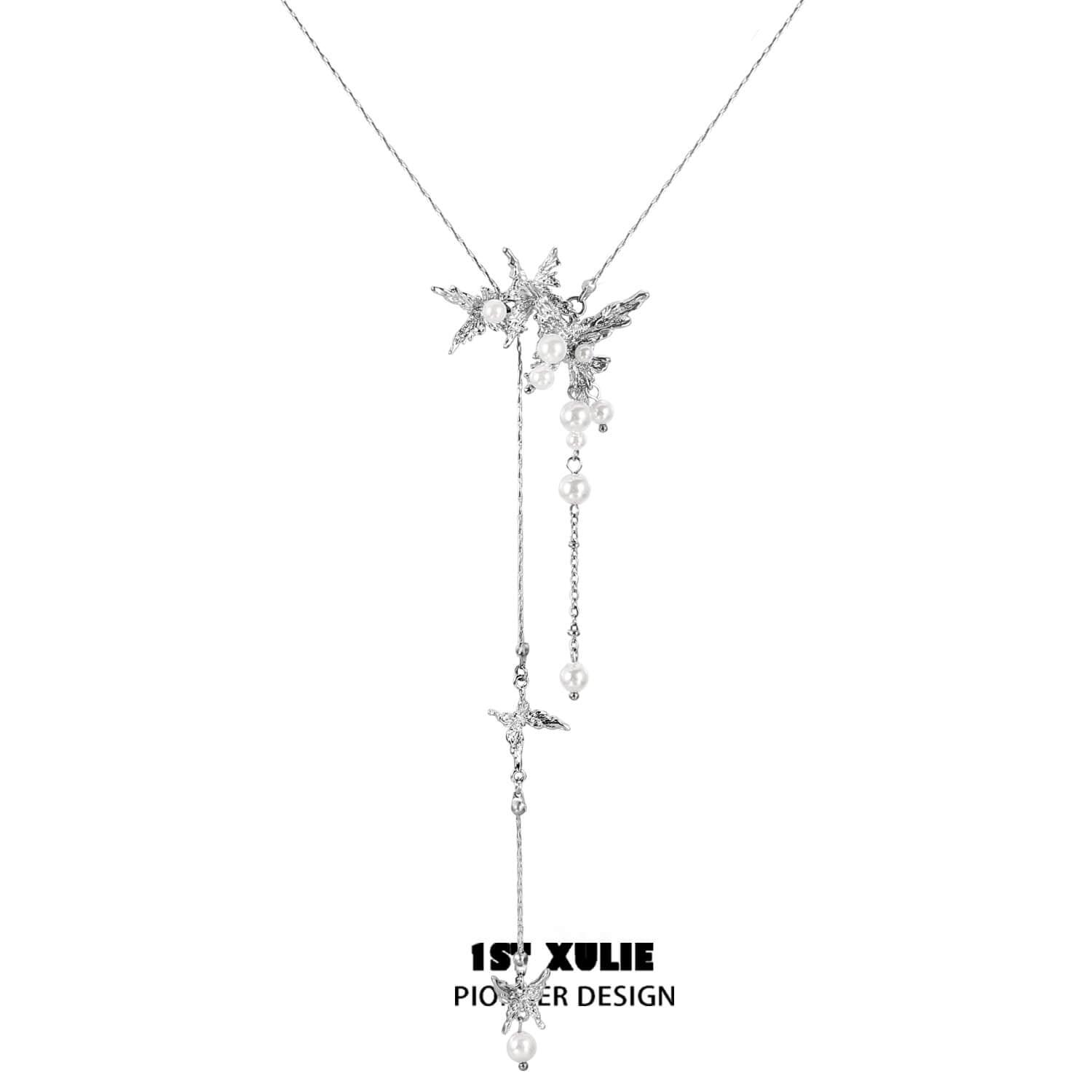 1ST XULIE "Whiterfly" Butterfly Tassel Pearl Lariat Necklace in Platinum Plated - Packaging View