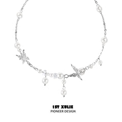 1ST XULIE "Whiterfly" Butterfly Tassel Pearl Lariat Necklace in Platinum Plated - Size Comparison