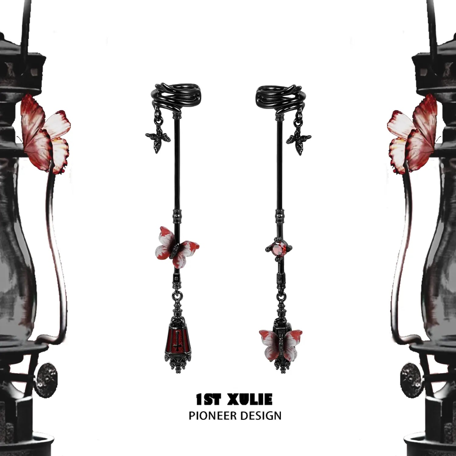 1ST XULIE "Butterfly Wasteland" Butterfly Tassel Dangle Ear Cuffs in Black Platinum Plated Brass - Product View