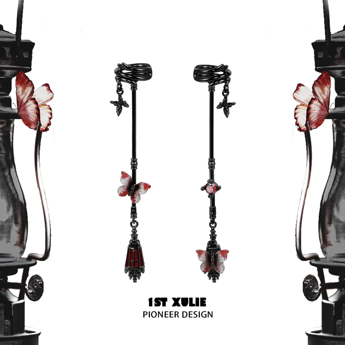 1ST XULIE "Butterfly Wasteland" Butterfly Tassel Dangle Ear Cuffs in Black Platinum Plated Brass - Product View