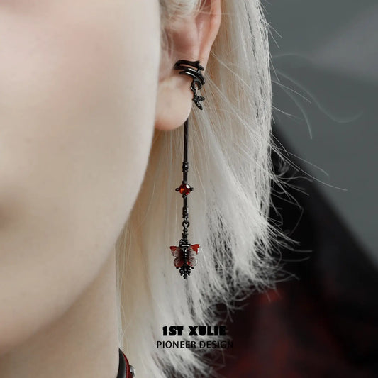 1ST XULIE "Butterfly Wasteland" Butterfly Tassel Dangle Ear Cuffs in Black Platinum Plated Brass - On Model
