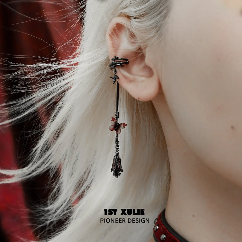 1ST XULIE "Butterfly Wasteland" Butterfly Tassel Dangle Ear Cuffs in Black Platinum Plated Brass - Side View