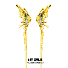 1ST XULIE "Butterfly Wasteland" Statement Butterfly Tassel Dangle Ear Clips in 24K Gold Plated - Detail Shot