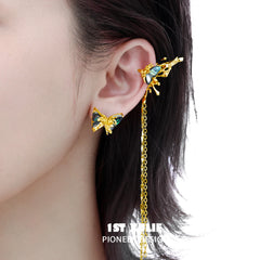 1ST XULIE "Butterfly Wasteland" Statement Butterfly Tassel Dangle Ear Clips in 24K Gold Plated - Product View
