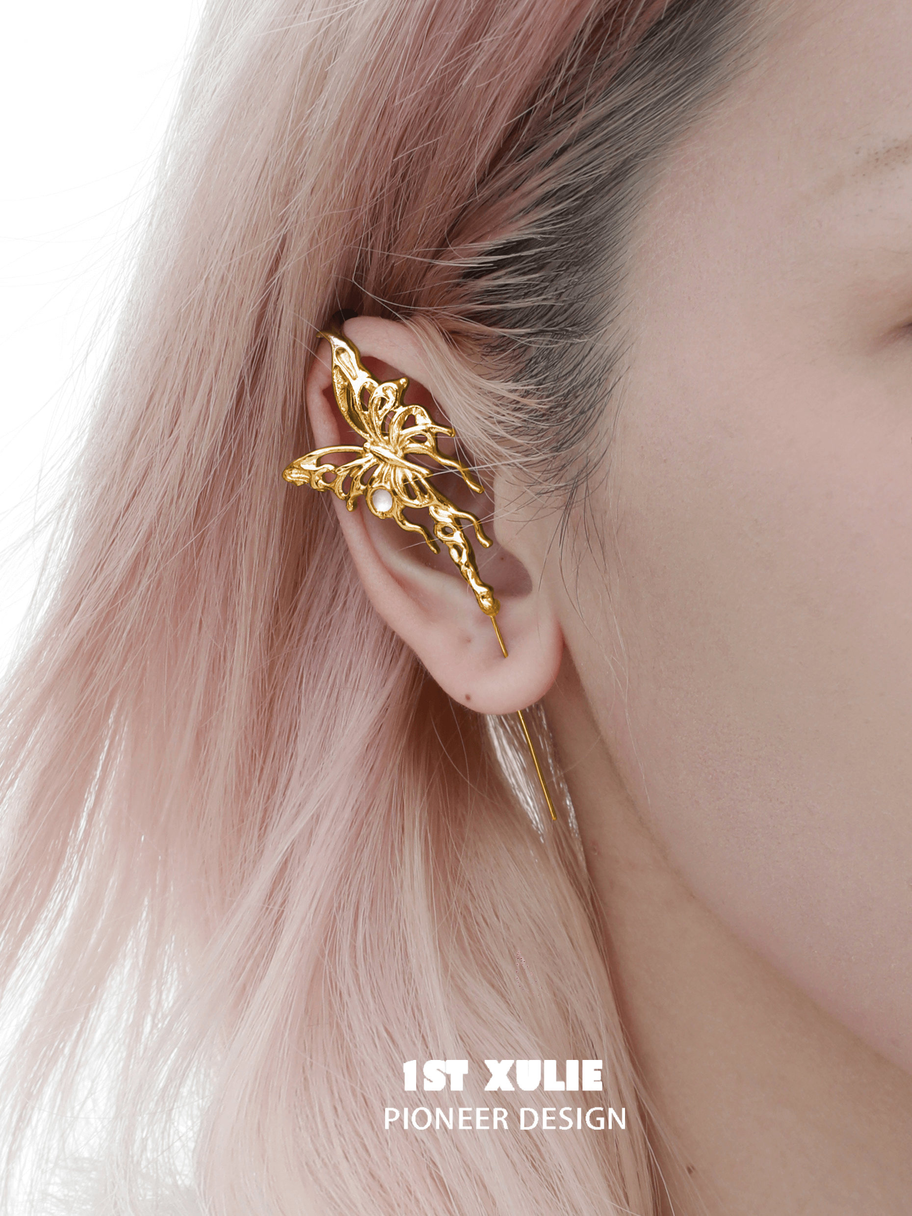 1ST XULIE "Whiterfly" Statement Butterfly Dangle Threader Earrings in 24K Gold Plated - Detail Shot