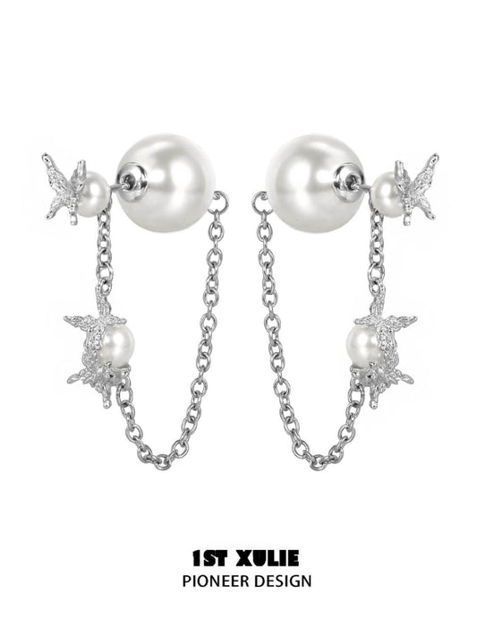 1ST XULIE "Whiterfly" Sculptural Butterfly Wing Pearl Stud Earrings in Platinum Plated Silver - Product View