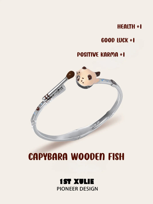 1ST XULIE Jewelry "POUR-OVER CAPYBARA" Enamel Capybara Zen Open Bangle in Enamel - Detail Shot