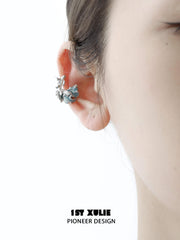 1ST XULIE "The Sea" Cascading Drip Tassel Ear Clips in Platinum Plated Titanium - On Model Close-Up View