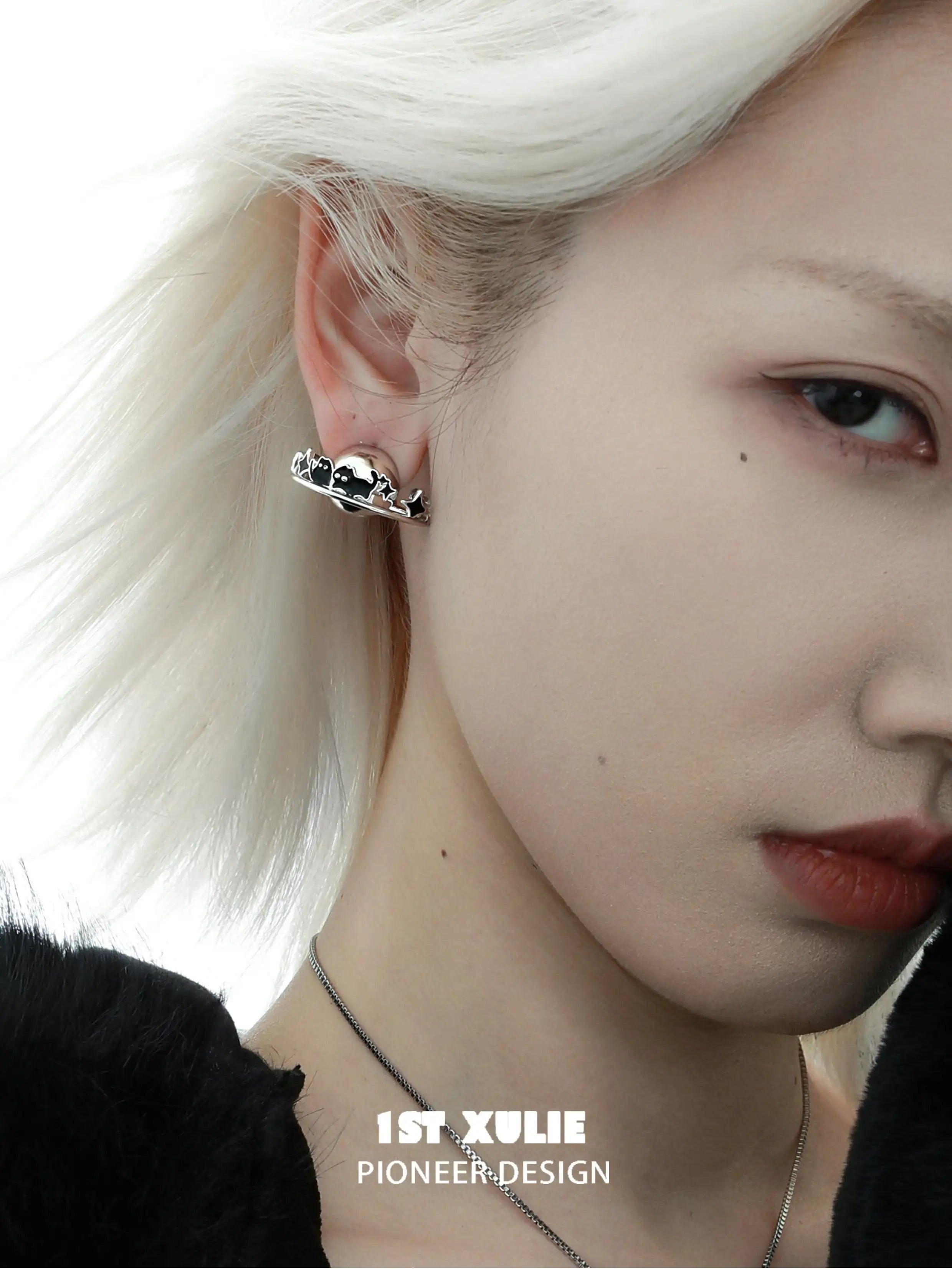 1ST XULIE "Ghosts Black Cat" Celestial Black Cat Planet Earrings in 18K Black Gold Plated - Angle View
