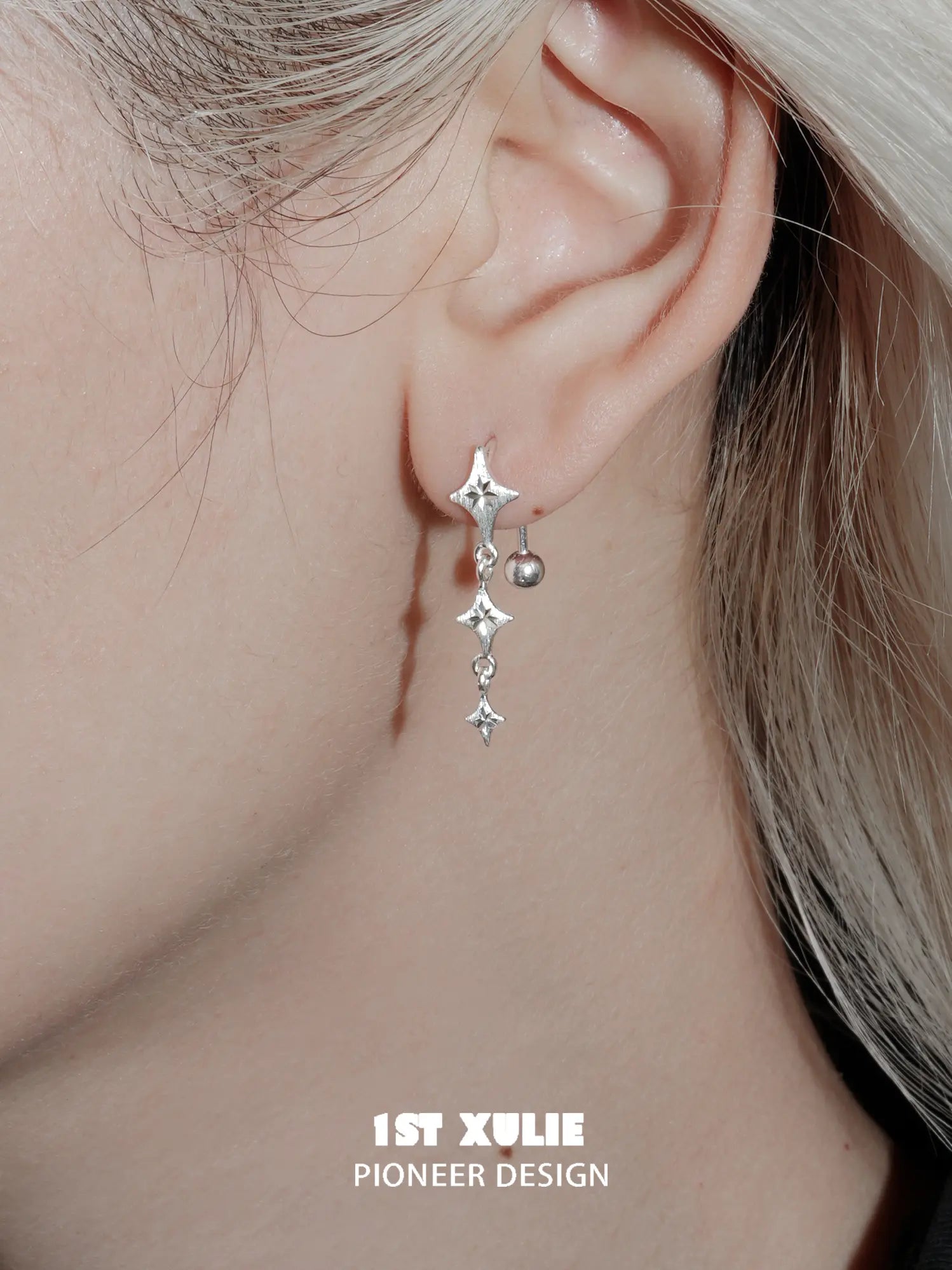 1ST XULIE Jewelry "Silver Angel" Celestial Brushed Starburst Dangle Earrings in 925 Sterling Silver - On Model