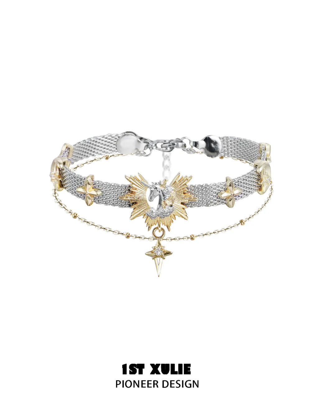 1ST XULIE "DREAM HORSE" Celestial Dream Unicorn Bracelet in 18K Gold & Platinum Plating - Lifestyle Shot