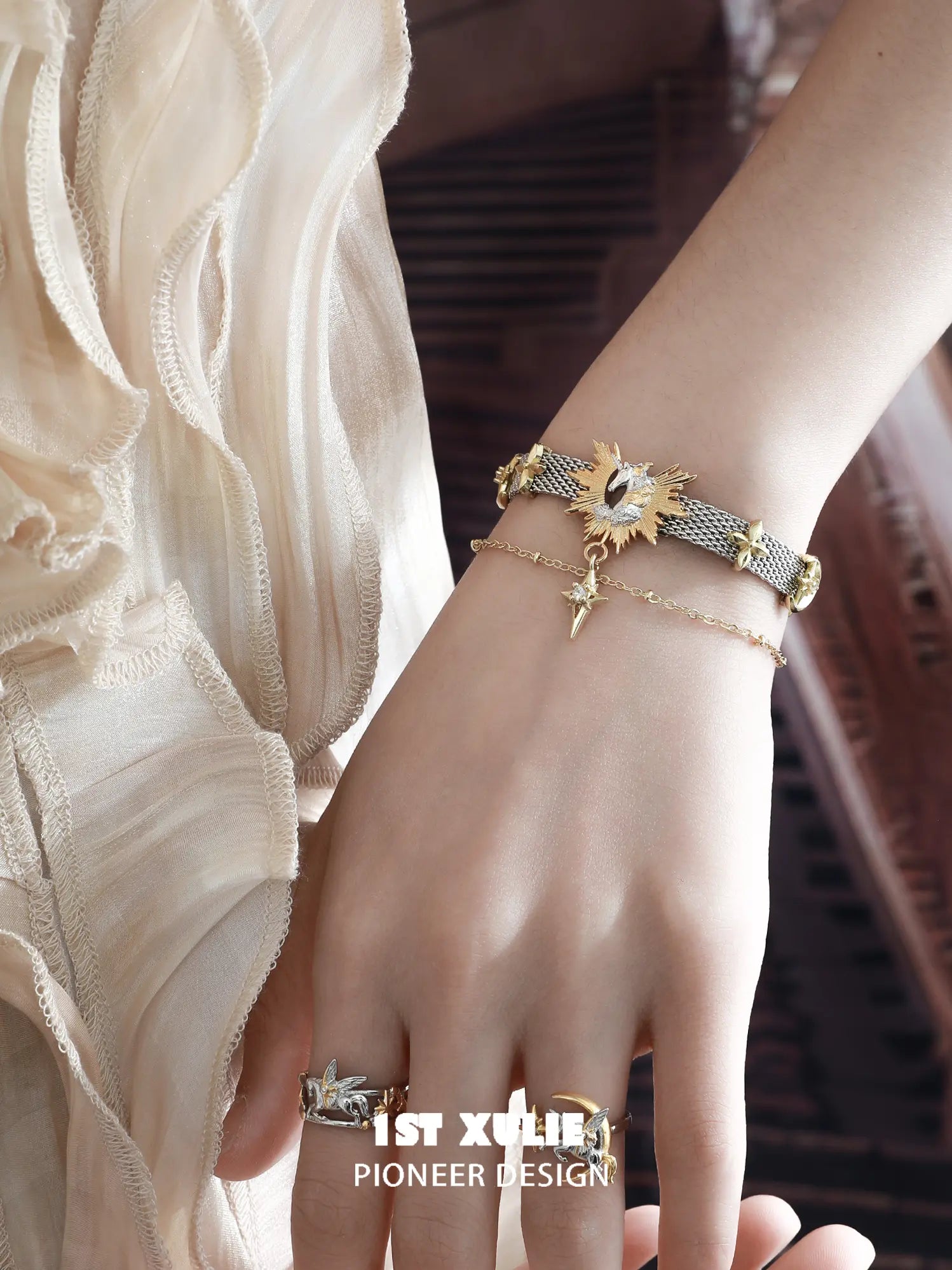 1ST XULIE "DREAM HORSE" Celestial Dream Unicorn Bracelet in 18K Gold & Platinum Plating - Product View