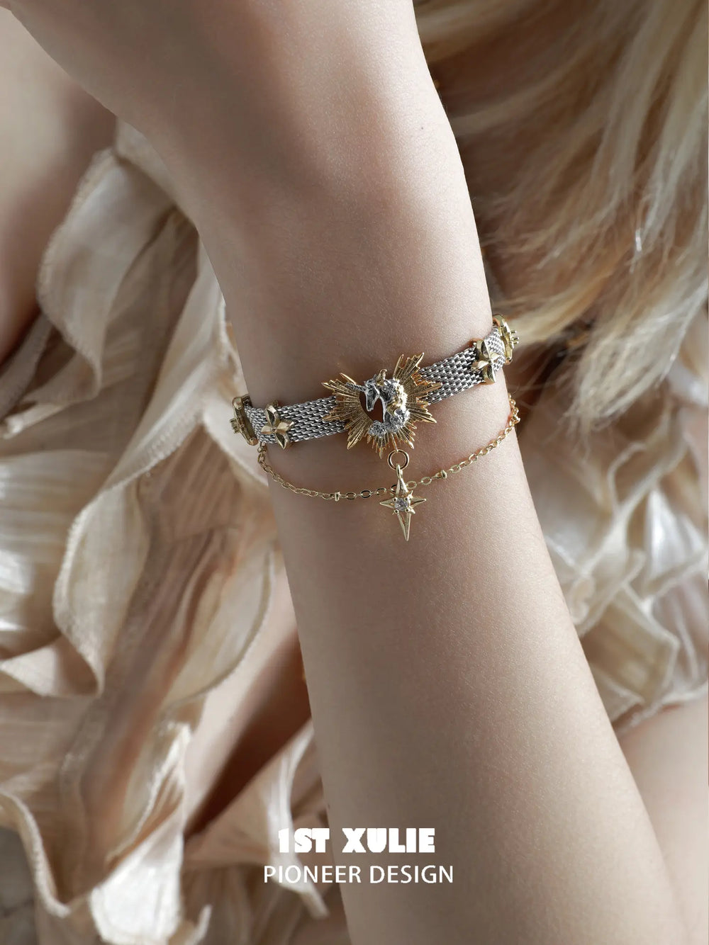 1ST XULIE "DREAM HORSE" Celestial Dream Unicorn Bracelet in 18K Gold & Platinum Plating - On Model
