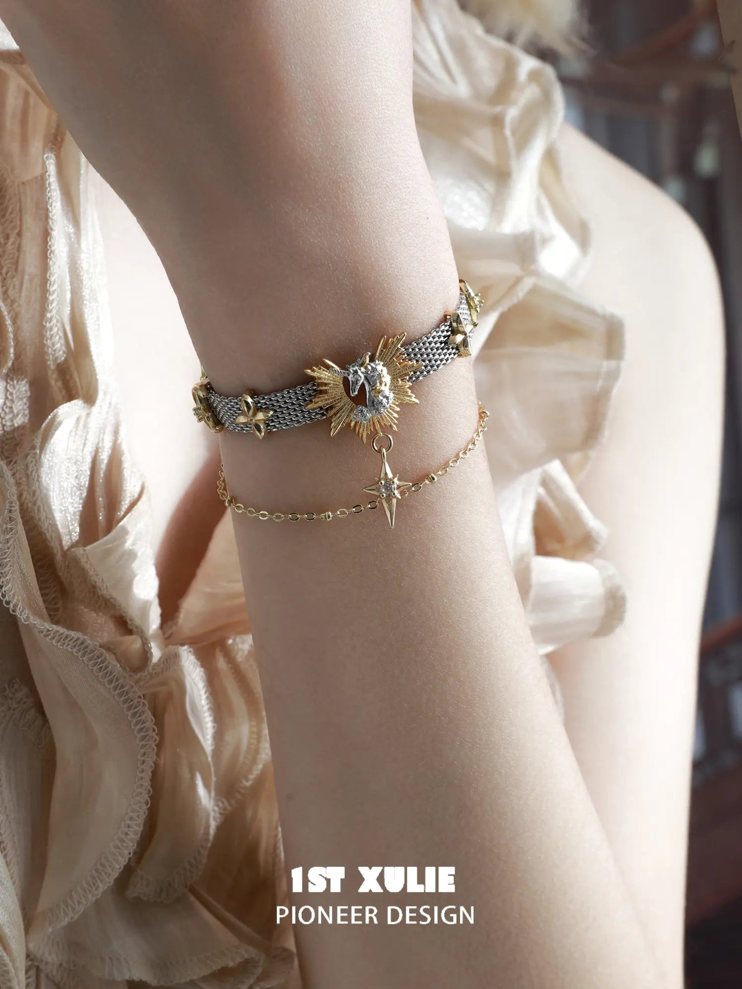 1ST XULIE "DREAM HORSE" Celestial Dream Unicorn Bracelet in 18K Gold & Platinum Plating - Side View