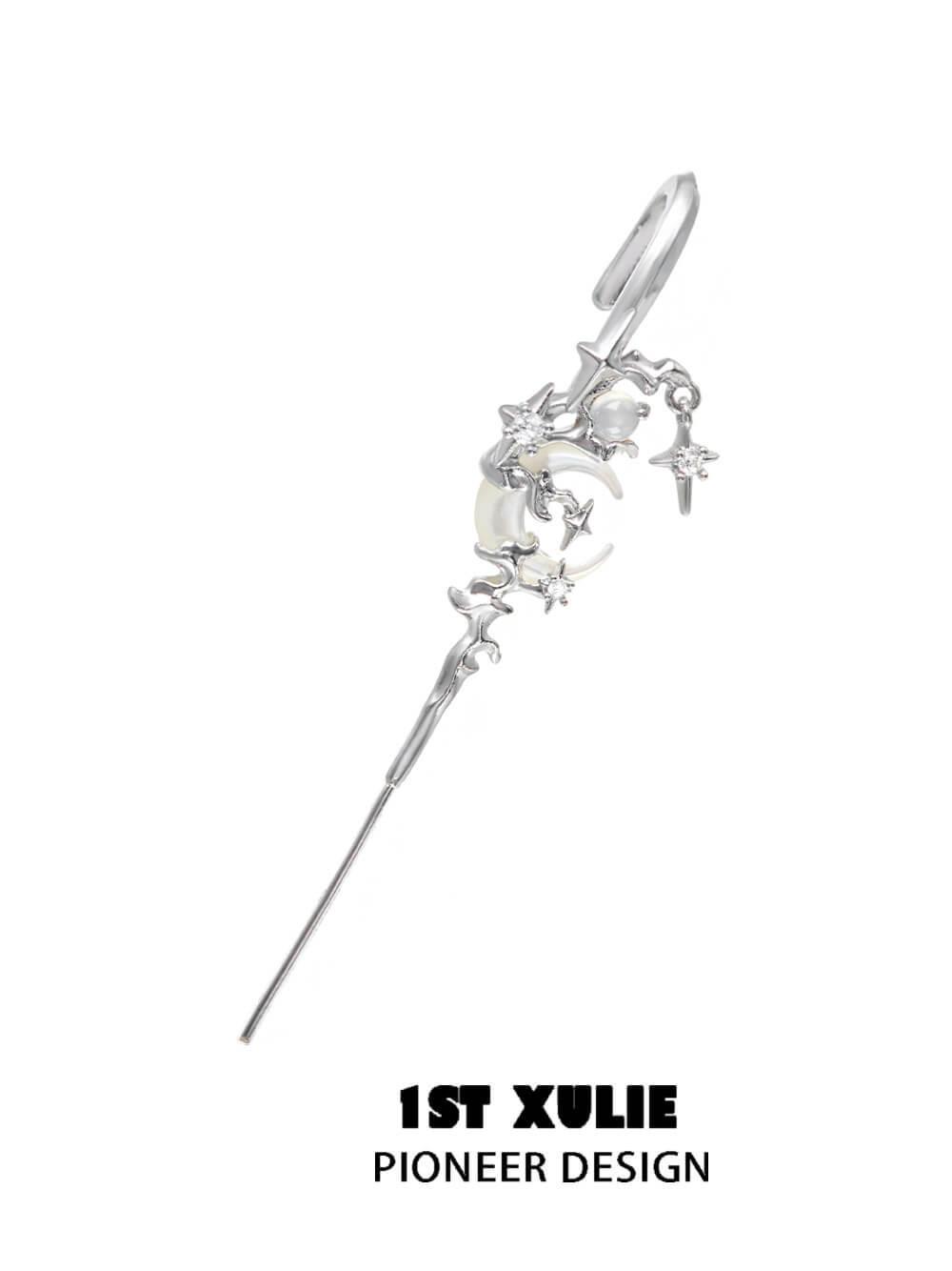 1ST XULIE "MYTH OF THE MOON" Statement Celestial Moon Dangle Needle Piercing Earrings in 925 Sterling Silver - Angled Product View