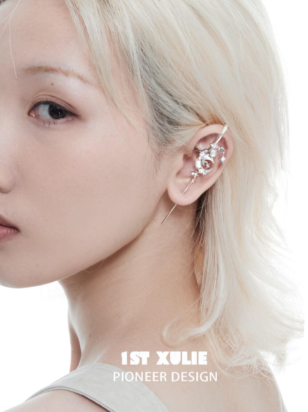 1ST XULIE "MYTH OF THE MOON" Statement Celestial Moon Dangle Needle Piercing Earrings in 925 Sterling Silver - Lifestyle Shot