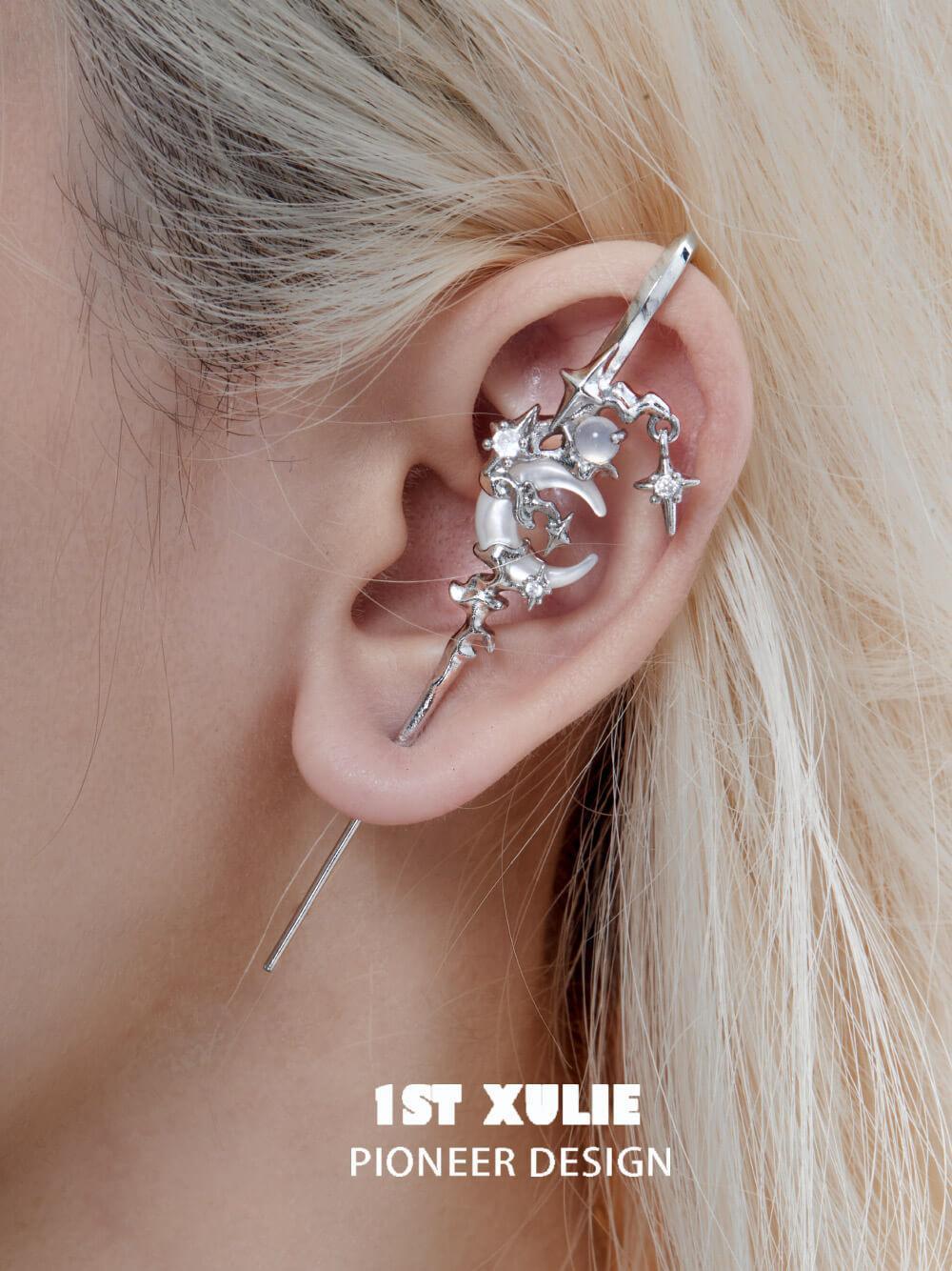 1ST XULIE "MYTH OF THE MOON" Statement Celestial Moon Dangle Needle Piercing Earrings in 925 Sterling Silver - Product View
