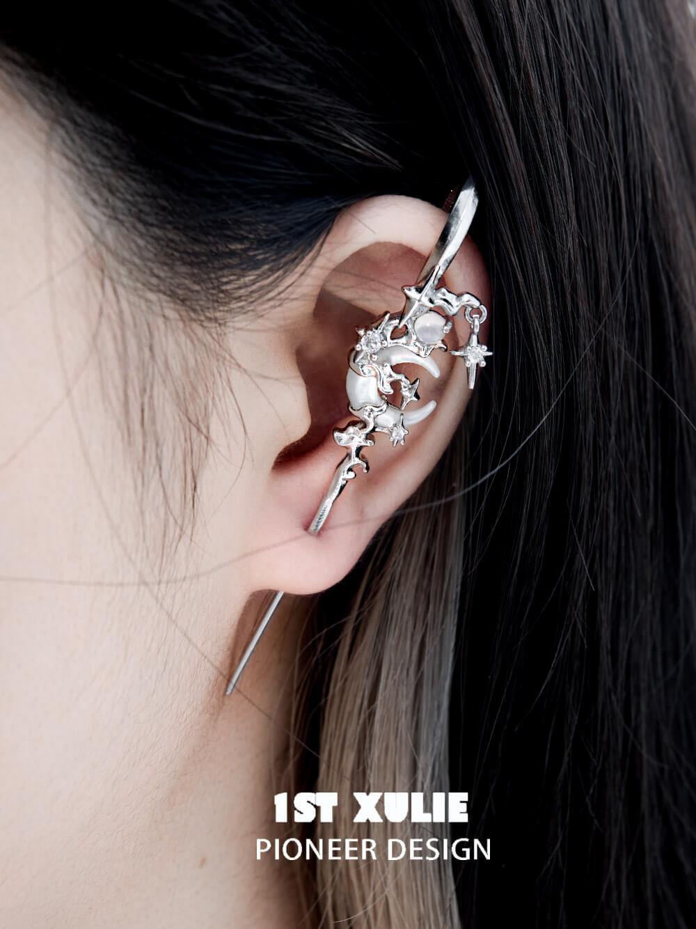 1ST XULIE "MYTH OF THE MOON" Statement Celestial Moon Dangle Needle Piercing Earrings - Packaging View