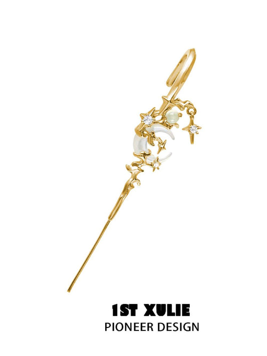 1ST XULIE "MYTH OF THE MOON" Celestial Moon Dangle Ear Hook Earrings in 24K Gold Plated 925 Sterling Silver - Product View