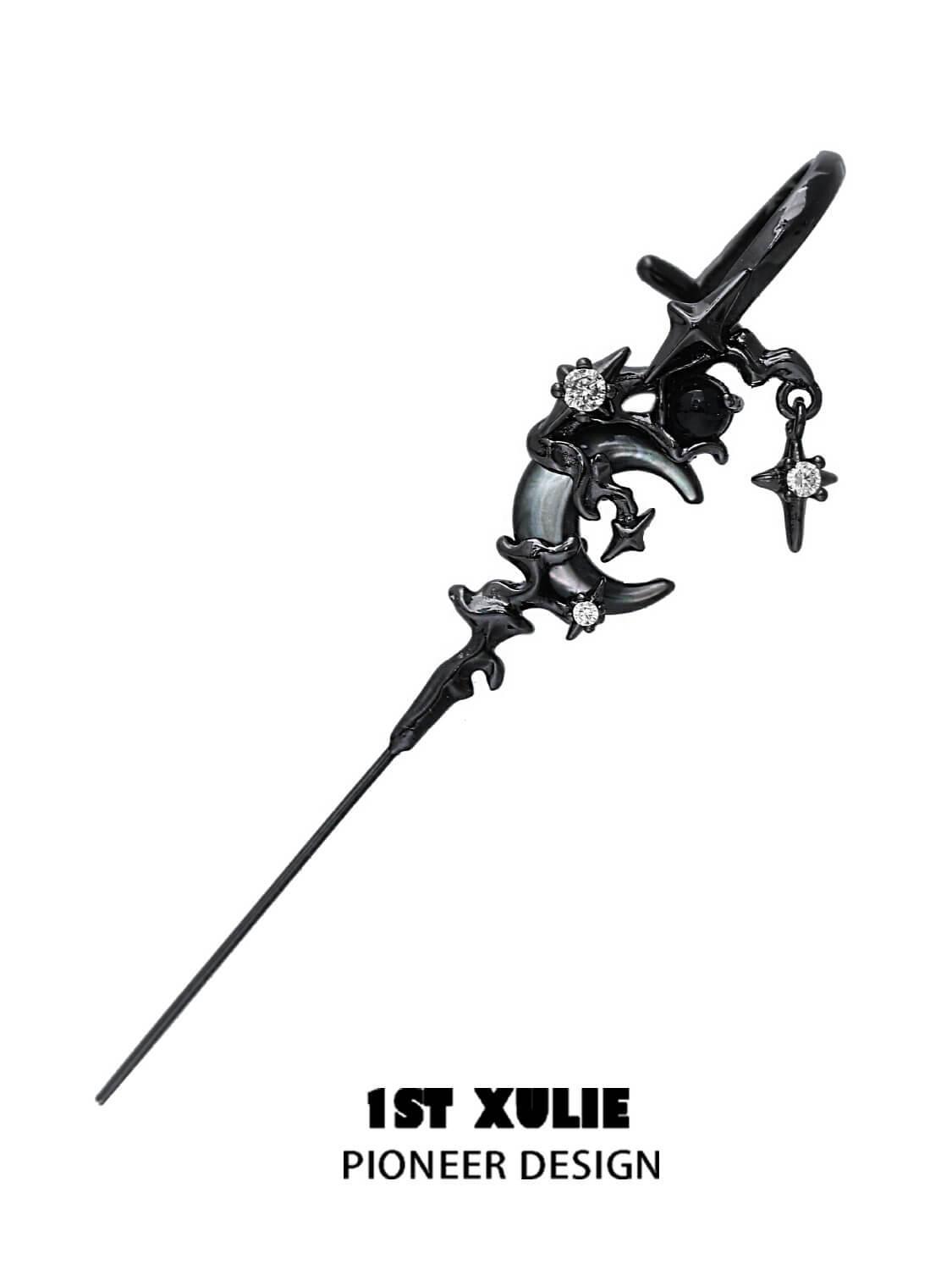 1ST XULIE "MYTH OF THE MOON" Statement Celestial Moon Dangle Needle Piercing Earrings in 925 Sterling Silver - Side View On Model