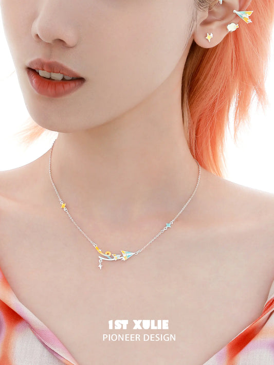 1ST XULIE "Juicy Flight" Dainty Celestial Paper Airplane & Star Pendant Necklace in 925 Sterling Silver - On Model