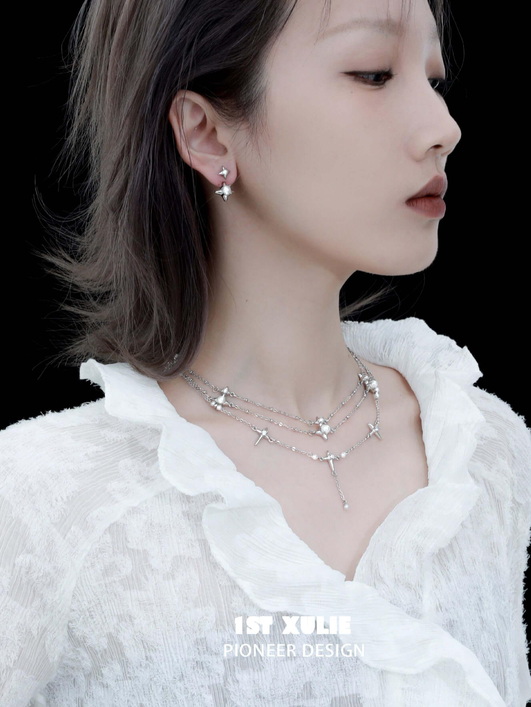 1ST XULIE "Star Trails" Celestial Shell Bead Stud Earrings in Platinum Plated 925 Sterling Silver - Packaging View
