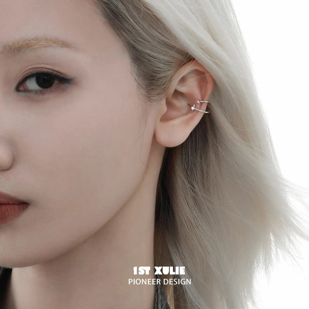 1ST XULIE "Star Trails" Celestial Star Orbit Ear Clips in 925 Sterling Silver - On Model