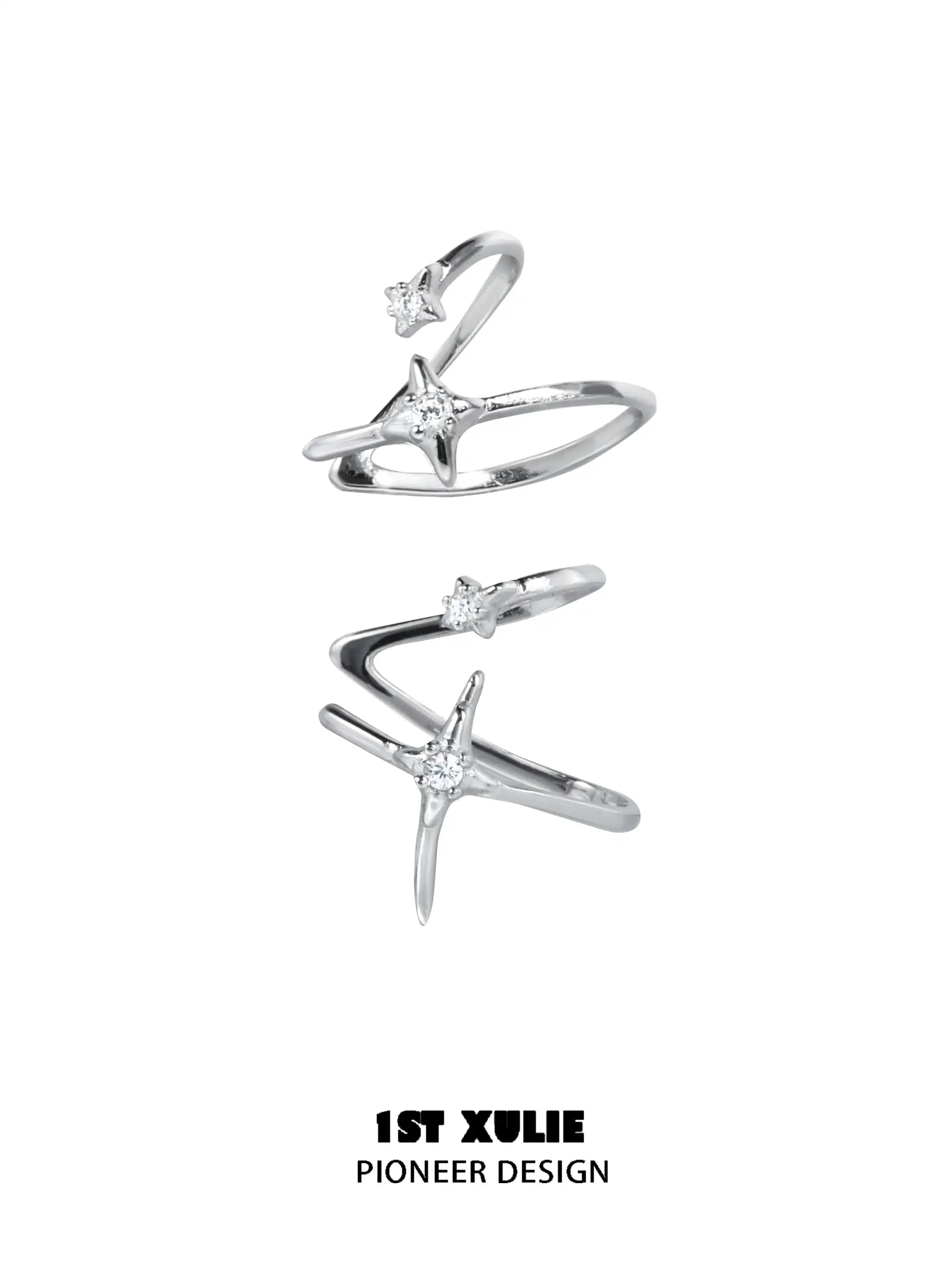 1ST XULIE "Star Trails" Celestial Star Orbit Ear Clips in 925 Sterling Silver - On Model