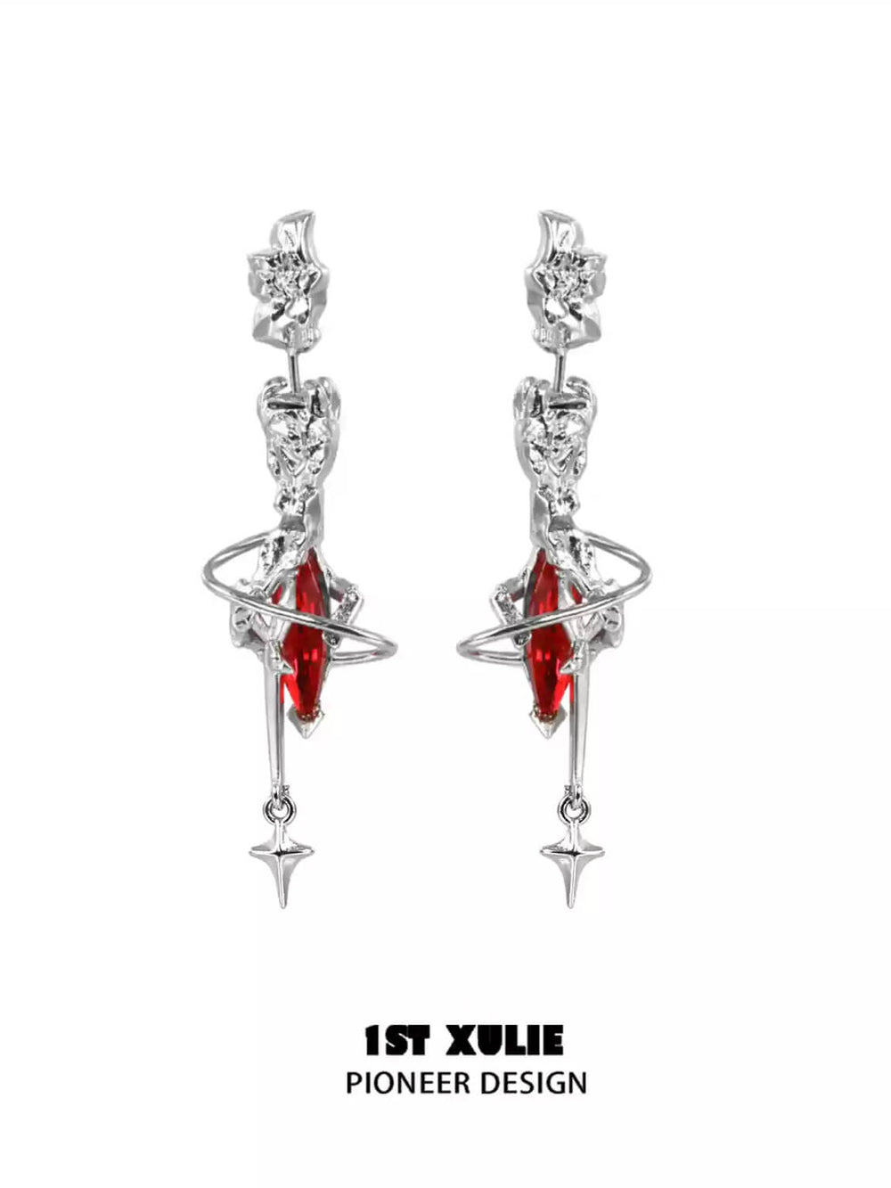 1ST XULIE "Star Trails" Celestial Star Trail Statement Dangle Earrings in Platinum Plated - Back View