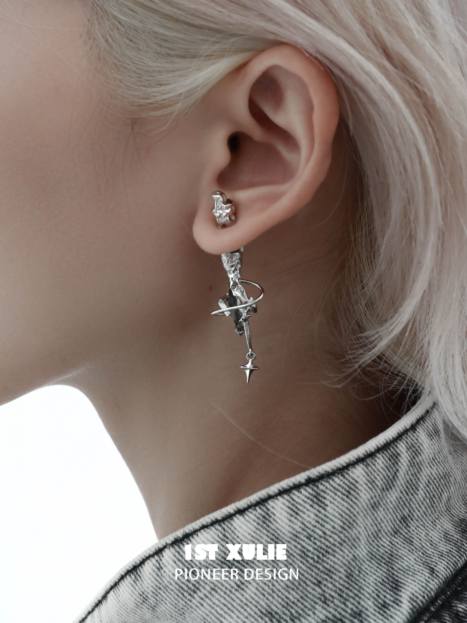 1ST XULIE "Star Trails" Celestial Star Trail Statement Dangle Earrings in Platinum Plated - On Model Close-Up