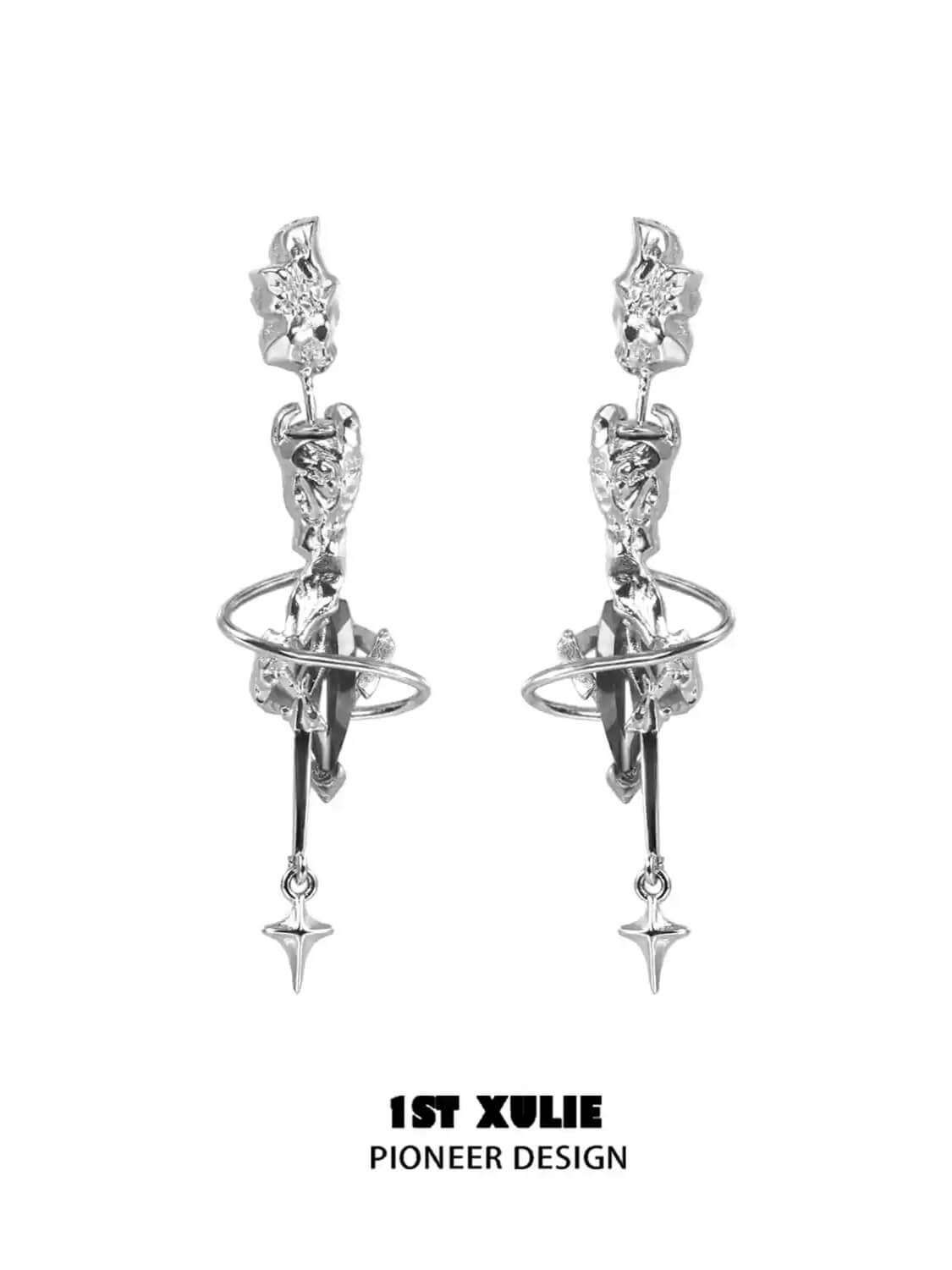 1ST XULIE "Star Trails" Celestial Star Trail Statement Dangle Earrings in Platinum Plated - Side View