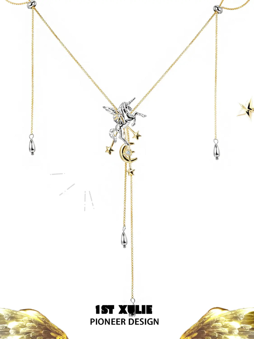 1ST XULIE "DREAM HORSE" Celestial Unicorn Lariat Necklace in 18K Gold & Platinum Plating - Clasp Detail