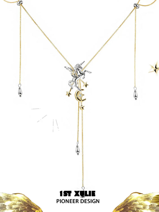 1ST XULIE "DREAM HORSE" Celestial Unicorn Lariat Necklace in 18K Gold & Platinum Plating - Clasp Detail
