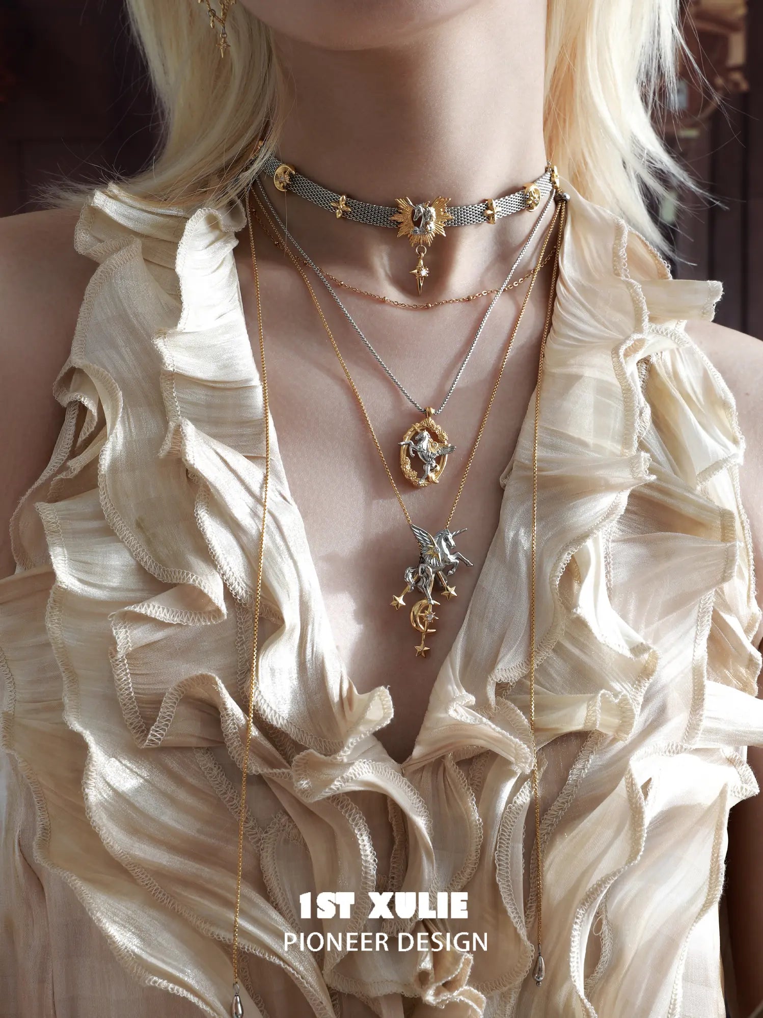 1ST XULIE "DREAM HORSE" Celestial Unicorn Lariat Necklace in 18K Gold & Platinum Plating - Product View