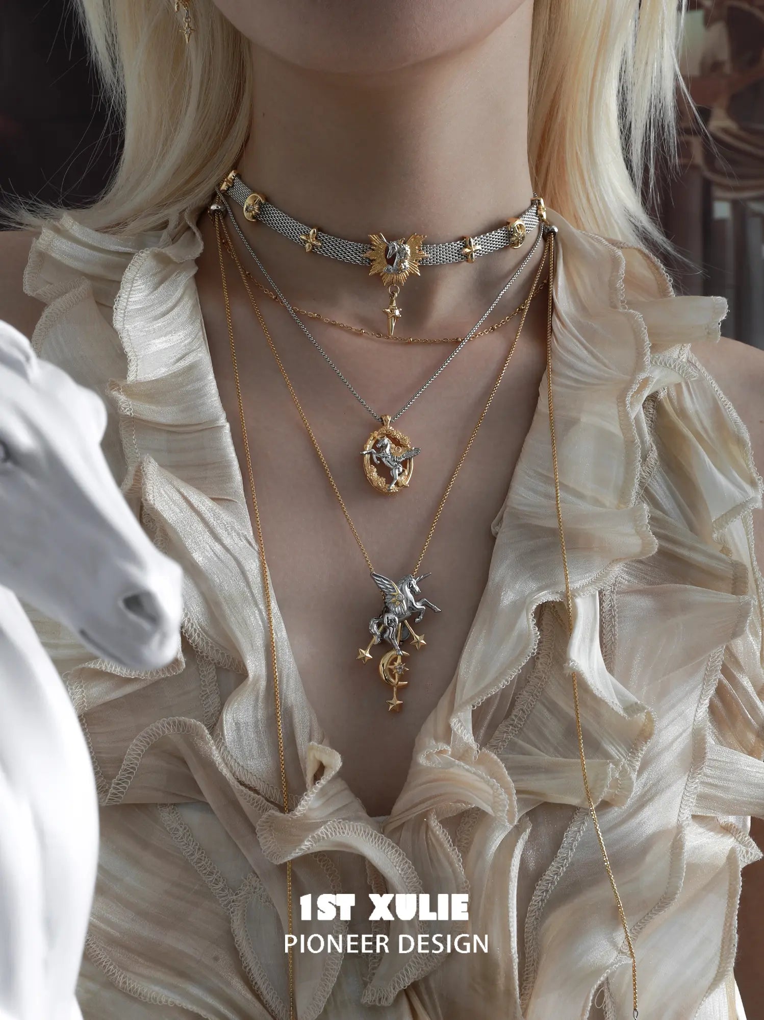 1ST XULIE "DREAM HORSE" Celestial Unicorn Lariat Necklace in 18K Gold & Platinum Plating - On Model