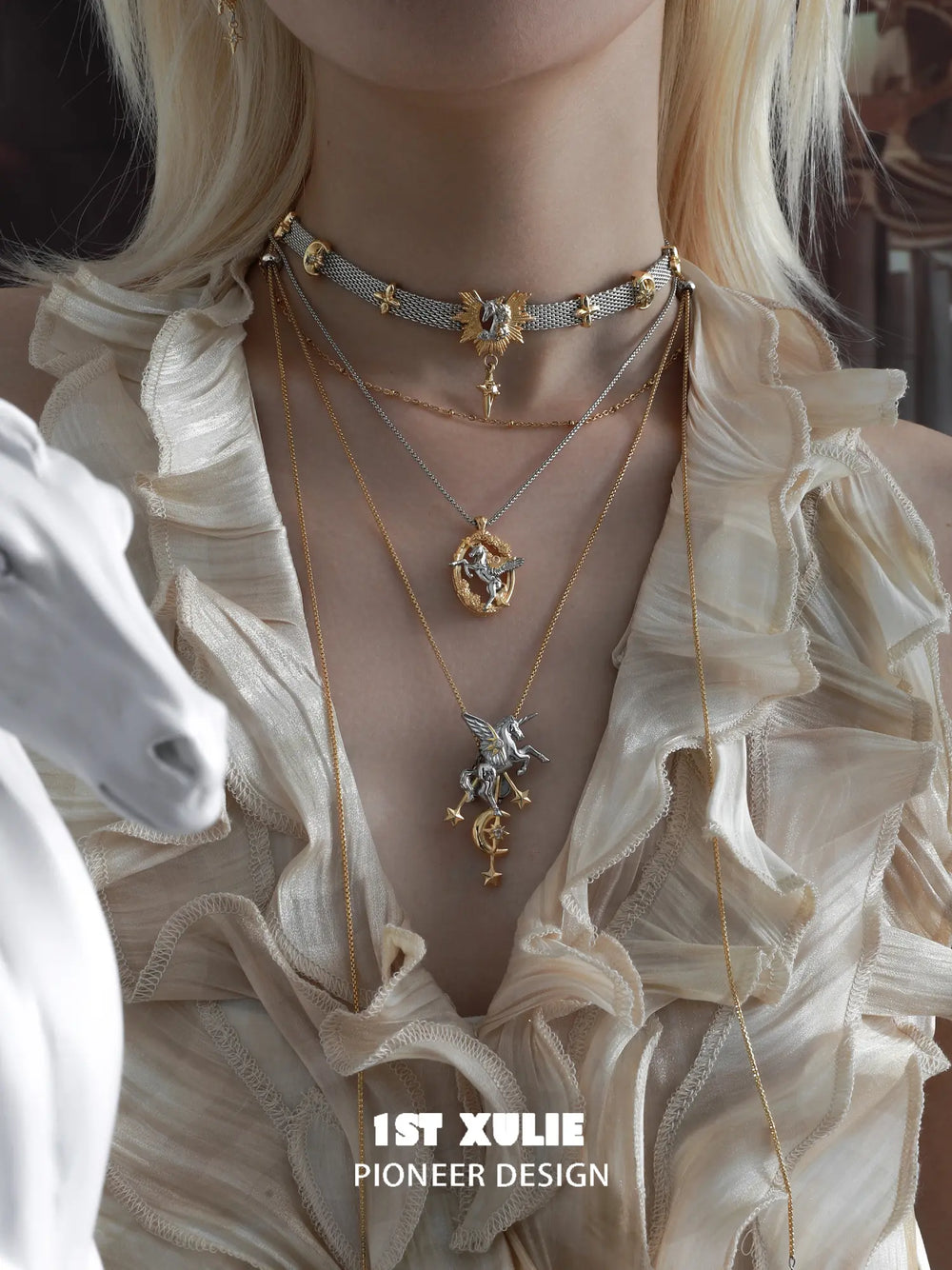 1ST XULIE "DREAM HORSE" Celestial Unicorn Lariat Necklace in 18K Gold & Platinum Plating - On Model