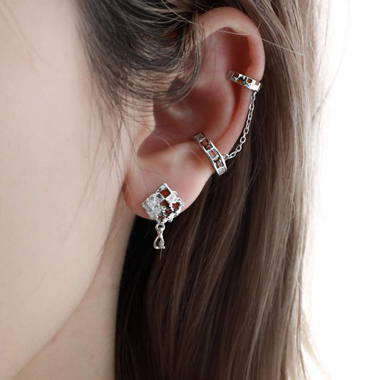 1ST XULIE "Autumn" Chain Dangle Ear Clips in 925 Sterling Silver - On Model