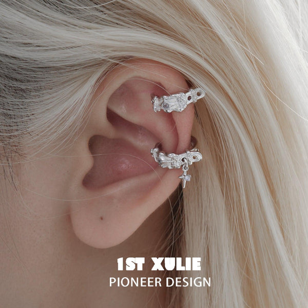 "Star Trails" Platinum Plated Chic Belt Buckle Ear Clips, Statement Ear Cuffs