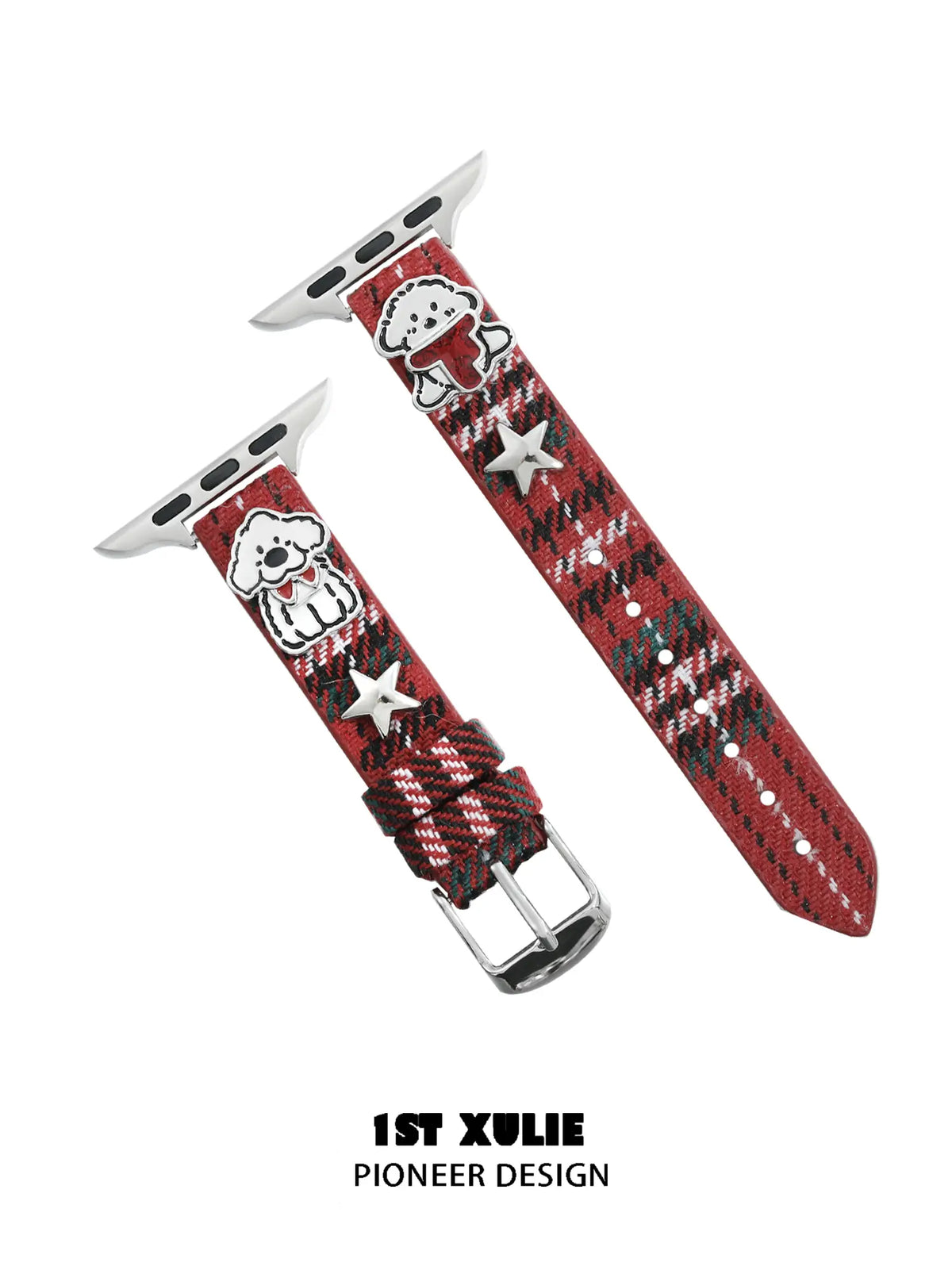 1ST XULIE Jewelry "MERRY CHRISTMAS 2025" Christmas Dog Festive Watch Band in Platinum Plated Brass - Angle View