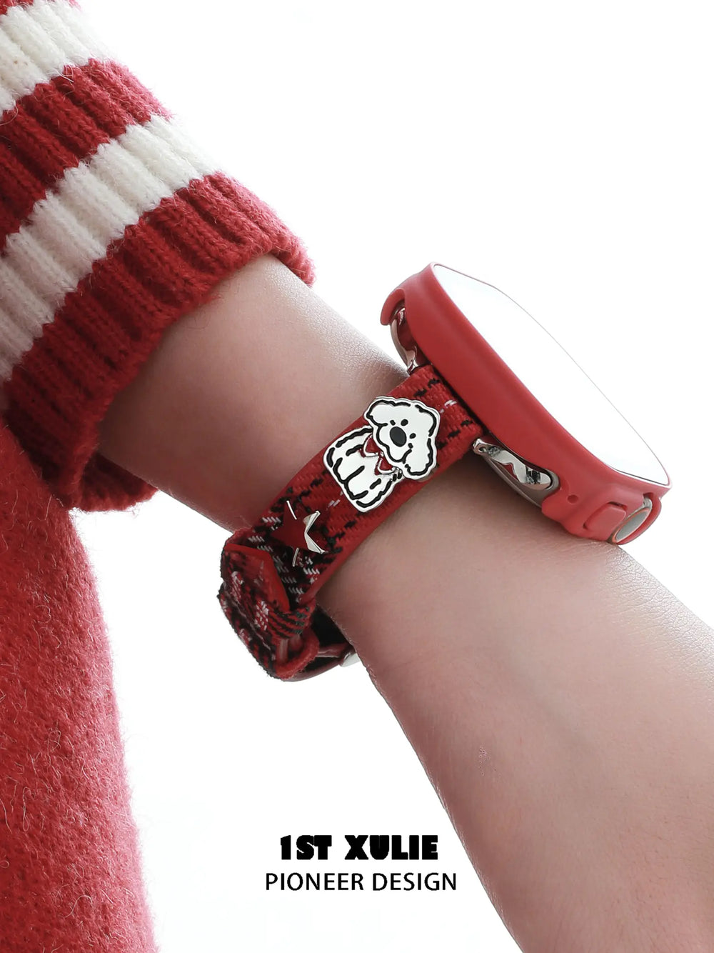 1ST XULIE Jewelry "MERRY CHRISTMAS 2025" Christmas Dog Festive Watch Band in Platinum Plated Brass - Detail Shot