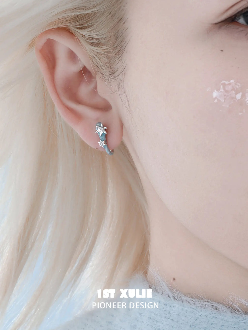 1ST XULIE "Snow Land" Convertible Snowflake Jacket Earrings in Platinum Plated - Angle View