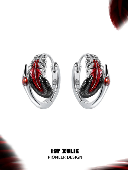 1ST XULIE "Soaring Cranes" Asymmetrical Crane Statement Feather Spiral Earrings in Platinum Plated Brass - On Model