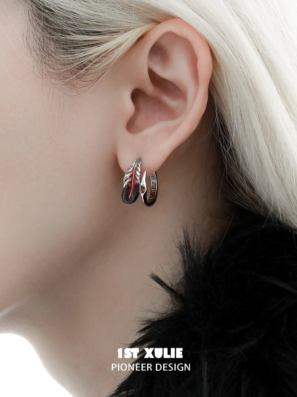 1ST XULIE "Soaring Cranes" Asymmetrical Crane Statement Feather Spiral Earrings in Platinum Plated Brass - Side View