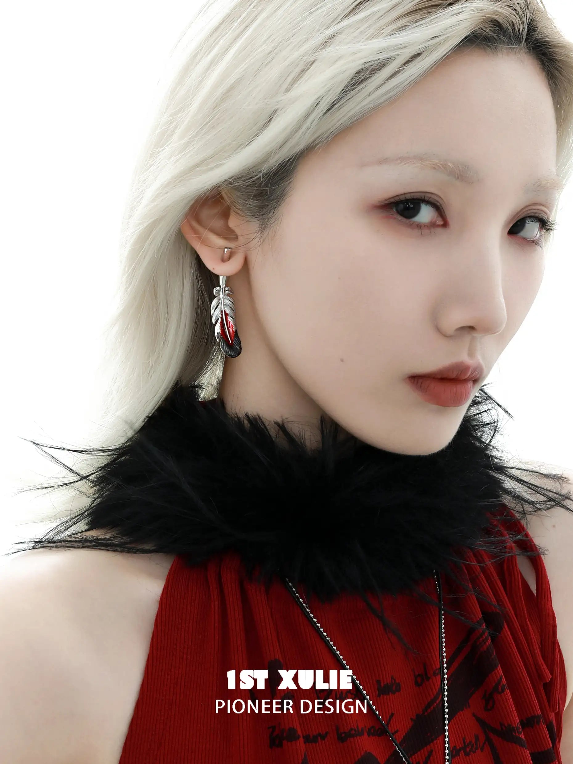1ST XULIE "Soaring Cranes" Crane Feather Statement Dangle Earrings in Platinum Plated Brass - Detail Shot