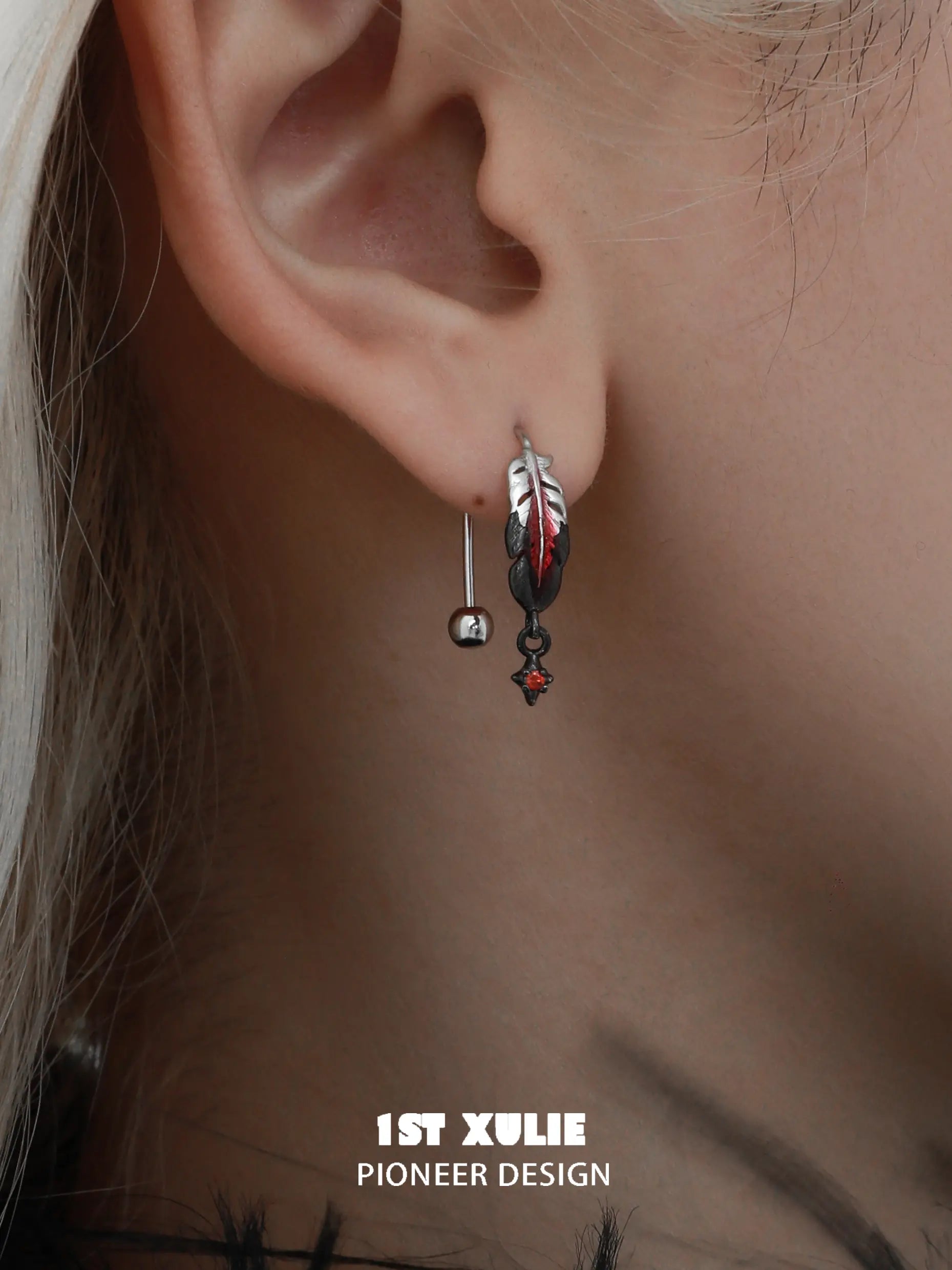 1ST XULIE "Soaring Cranes" Dainty Feather Stud Earrings in 925 Sterling Silver - Detail Shot
