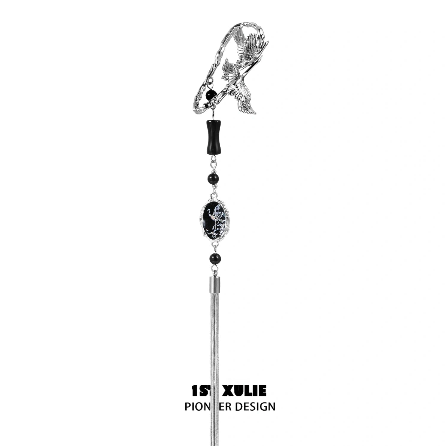 1ST XULIE "Soaring Cranes" Statement Crane Wing Tassel No-Piercing Ear Wraps in Platinum Plated - Angled Product View