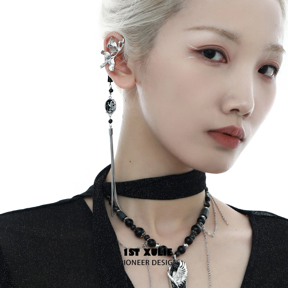 1ST XULIE "Soaring Cranes" Statement Crane Wing Tassel No-Piercing Ear Wraps in Platinum Plated - On Model