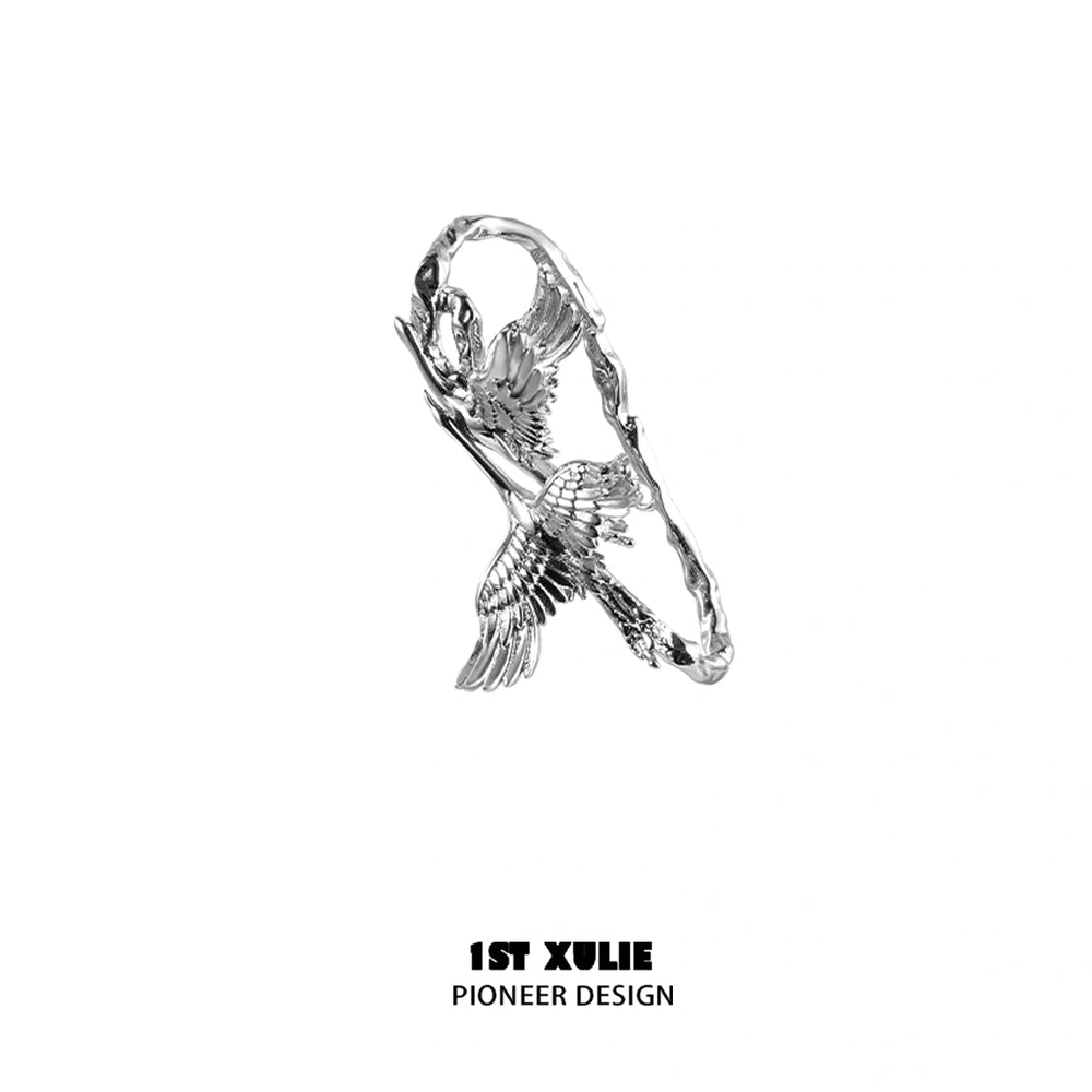 1ST XULIE "Soaring Cranes" Statement Crane Wing Tassel No-Piercing Ear Wraps in Platinum Plated - On Model Close-up